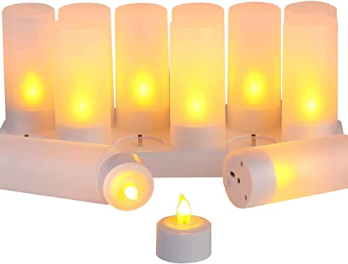 EXPOWER Flameless Candles - 12 Rechargeable LED Flickering Tea Lights + 12 Frosted Cups - Comes With Charging Base, No Battery Needed