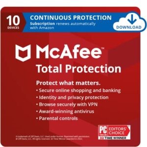 mcafee total protection 2024 ready | 10 device | cybersecurity software includes antivirus, secure vpn, password manager, dark web monitoring, parental controls| amazon exclusive 1 month with auto renewal