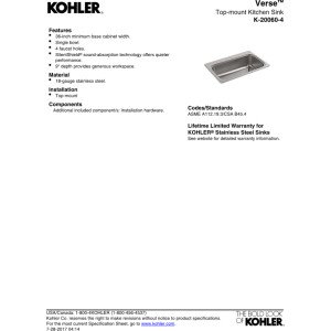 Kohler K-20060-4-NA Verse 33" x 22" Drop-in Single Bowl Kitchen Sink with Four Faucet Holes Stainless Steel, 33x22, Steel