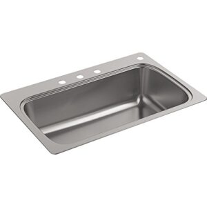 kohler k-20060-4-na verse 33" x 22" drop-in single bowl kitchen sink with four faucet holes stainless steel, 33x22, steel