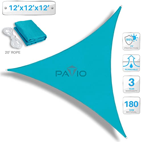 Patio Paradise 12' x 12' x 12' Turquoise Sun Shade Sail Triangle Canopy, High-Density Shade Cloth Canopy Pergolas Top Cover, Permeable UV Block Fabric Durable Outdoor