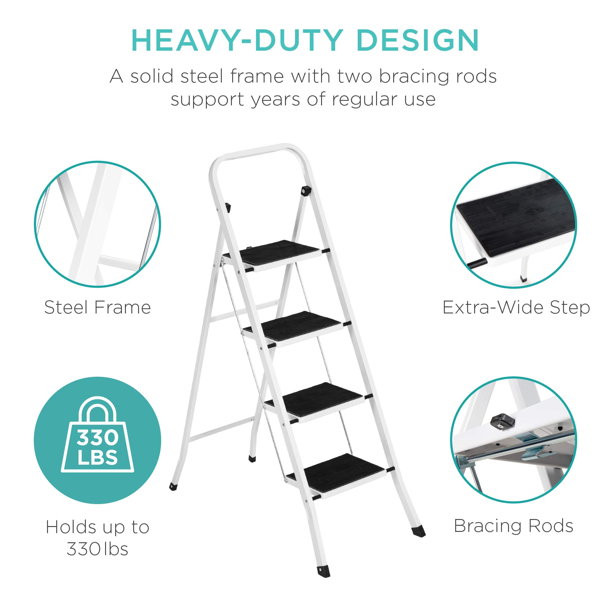 Best Choice Products 4-Step Portable Folding Heavy-Duty Steel Ladder w/Hand Rail, Wide Platform Steps, 330lbs Capacity