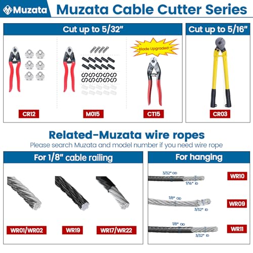 Muzata Cable Cutter Wire Rope Heavy Duty Stainless Steel Aircraft Up to 5/32" for Deck Stair Railing Strong Thick Seal Metal Fence Bike Bicycle Brake Cutter CR12, CT1