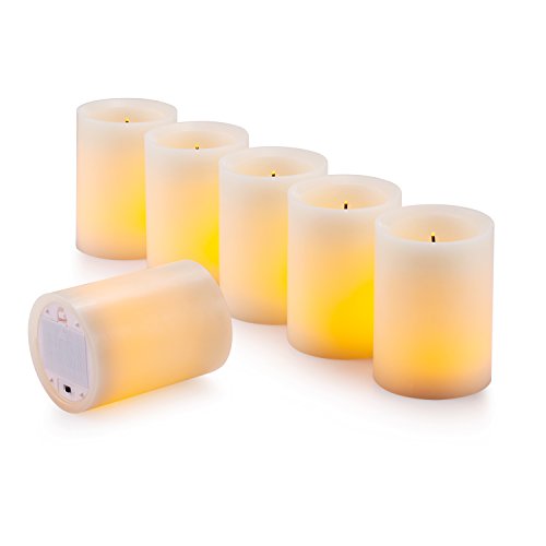 Enpornk Flameless Flickering LED Candles 3" X 4" with 10-Key Remote Control Timer Classic Pillar Optical Fiber Wick Real Wax Battery Operated Candles, Ivory Color, Set of 6