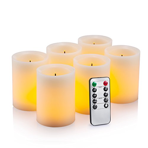 Enpornk Flameless Flickering LED Candles 3" X 4" with 10-Key Remote Control Timer Classic Pillar Optical Fiber Wick Real Wax Battery Operated Candles, Ivory Color, Set of 6