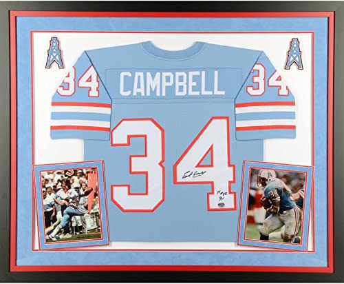 Earl Campbell Houston Oilers Deluxe Framed Autographed Mitchell & Ness Light Blue Replica Jersey with "HOF 91" Inscription - Autographed NFL Jerseys