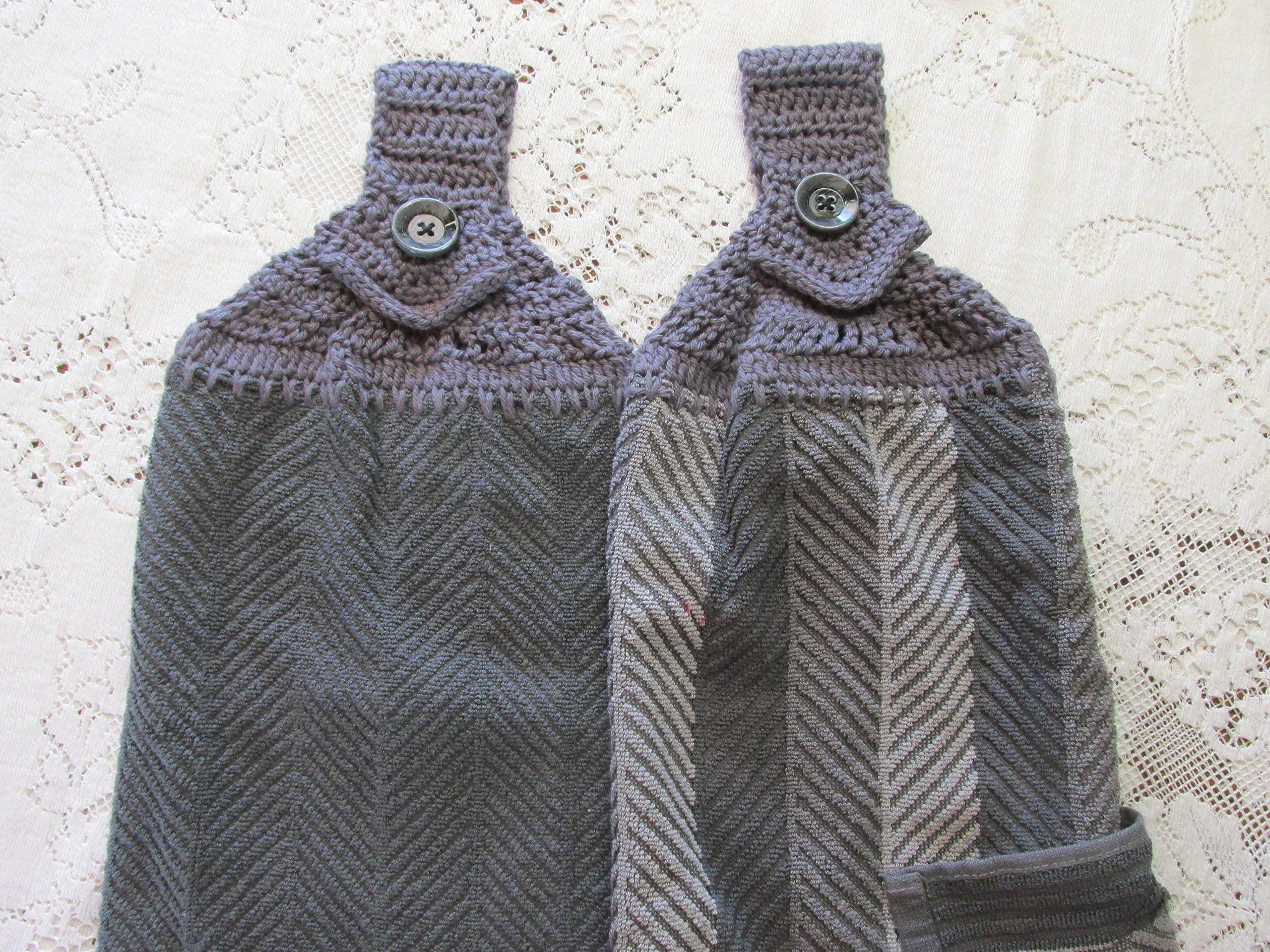 Set of 2 Gray Doubled Chevron Design Hanging Kitchen Towels with Gray Cotton Crochet Top - Best Quality