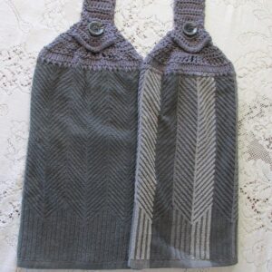 Set of 2 Gray Doubled Chevron Design Hanging Kitchen Towels with Gray Cotton Crochet Top - Best Quality