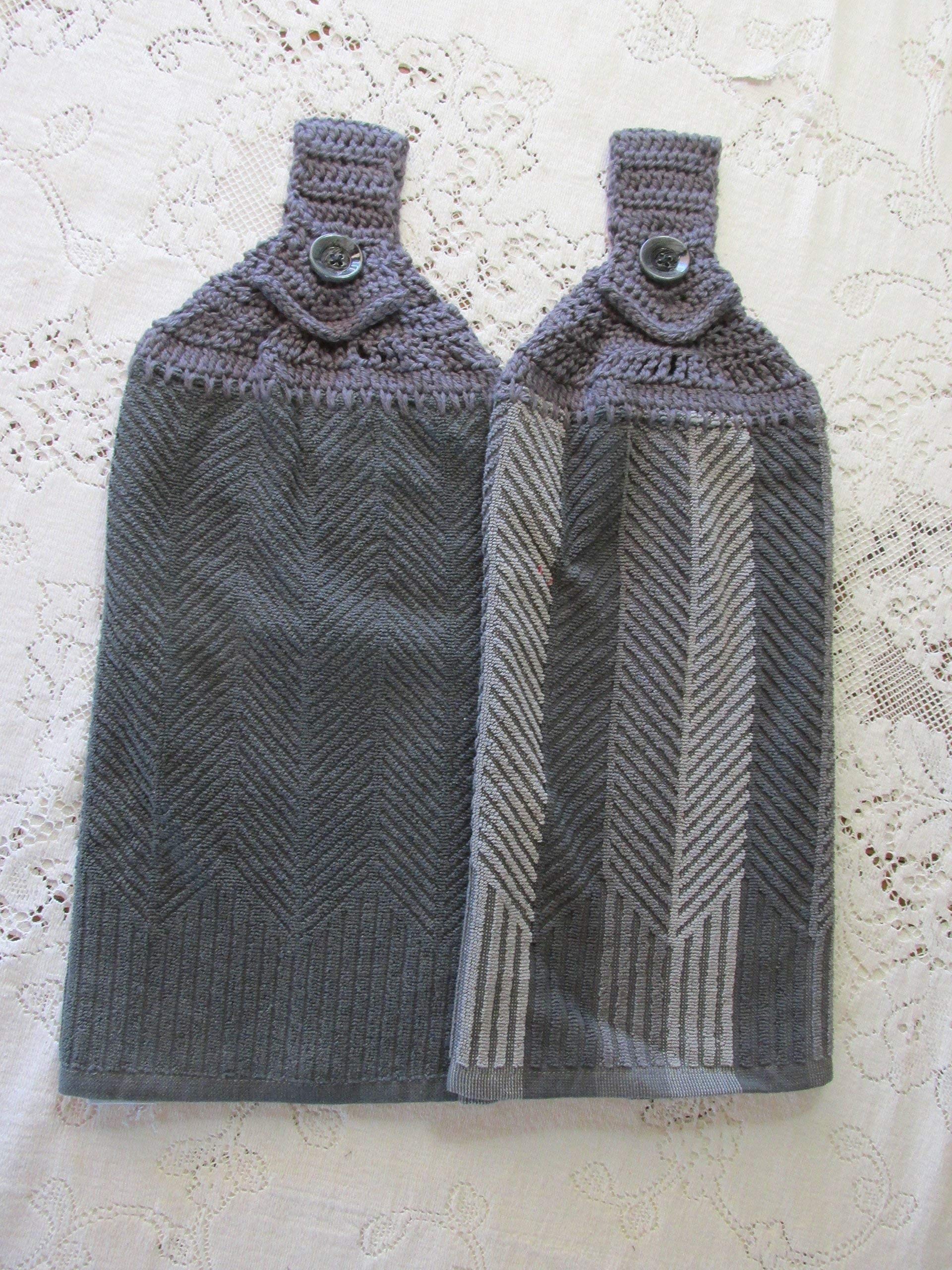 Set of 2 Gray Doubled Chevron Design Hanging Kitchen Towels with Gray Cotton Crochet Top - Best Quality