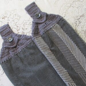 Set of 2 Gray Doubled Chevron Design Hanging Kitchen Towels with Gray Cotton Crochet Top - Best Quality