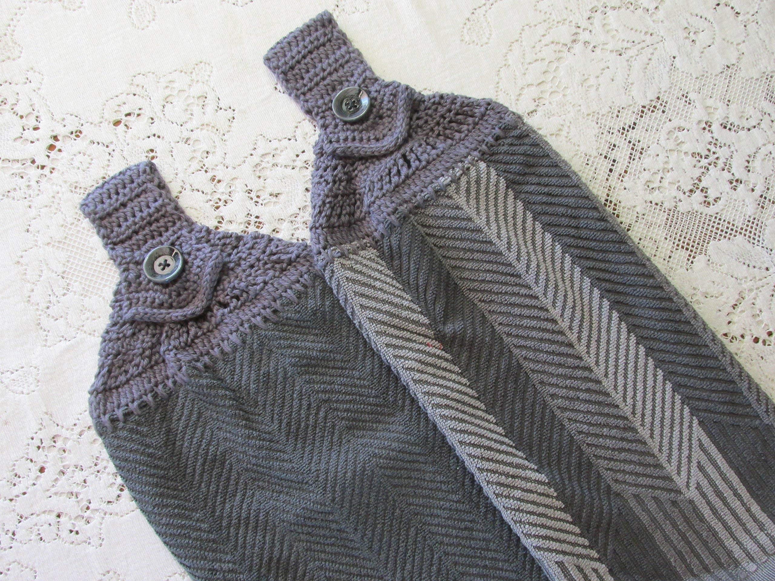 Set of 2 Gray Doubled Chevron Design Hanging Kitchen Towels with Gray Cotton Crochet Top - Best Quality