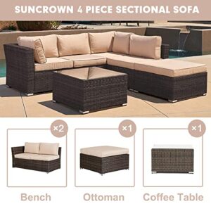 SUNCROWN 4-Piece Patio Furniture Set 83" x 81" Outdoor Sectional Sofa, 5 Seats Rattan Wicker Conversation Sets with Ottoman, Glass Coffee Table and Washable Cushions - Beige