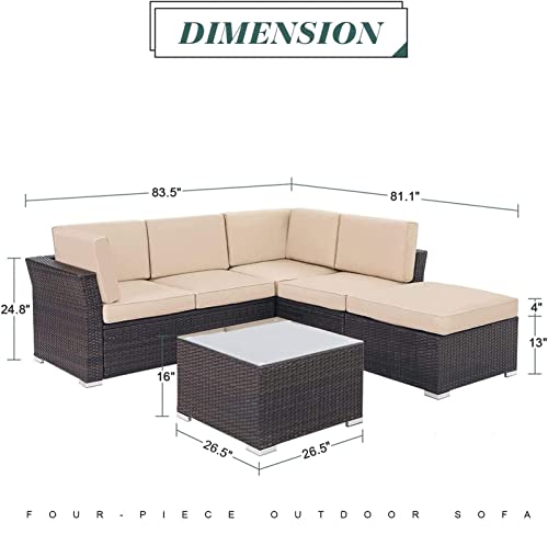 SUNCROWN 4-Piece Patio Furniture Set 83" x 81" Outdoor Sectional Sofa, 5 Seats Rattan Wicker Conversation Sets with Ottoman, Glass Coffee Table and Washable Cushions - Beige