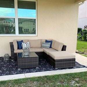 SUNCROWN 4-Piece Patio Furniture Set 83" x 81" Outdoor Sectional Sofa, 5 Seats Rattan Wicker Conversation Sets with Ottoman, Glass Coffee Table and Washable Cushions - Beige