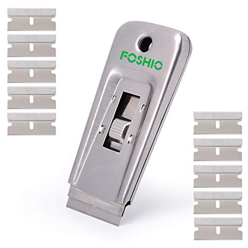 FOSHIO Stainless Steel Retractable Razor Blade Scraper for Glass Adhesive Removing Cooking Stove Top Grease Cleaning with 10PCS 1.5" Blades Cutter Tools