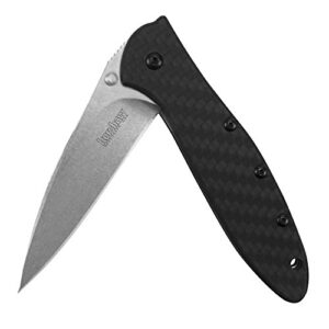 kershaw leek carbon fiber stonwash pocketknife, 3" cpm 154 steel blade, assisted opening folding edc