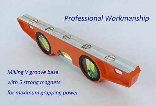 Professional Magnetic Scaffolding Spirit Level 10-Inch, Milling V-groove Base with 5 Strong Rare Earth Magnets for Superior Gripping Power, Die Cast Magnetic Torpedo Level 250MM and Holster