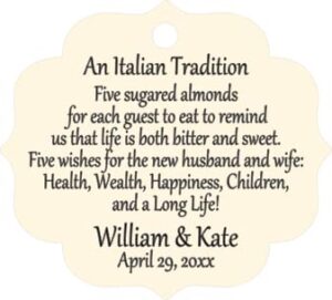 personalized jordan almond tags, sugared almond tags, italian or greek wedding reception favor tags, qty: 25 tags #648