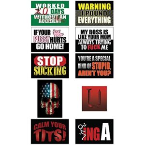 america first funny adult hard hat stickers. 10 pack with skull and slogans for laugh at work. hilarious decals for helmet, construction, mechanic, union, welder, tool box, union, military, veterans. made in usa!