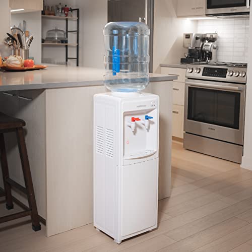 Farberware FW29919 Freestanding Hot and Cold Water Cooler Dispenser - Top Loading Freestanding Water Dispenser with Storage Cabinet, White