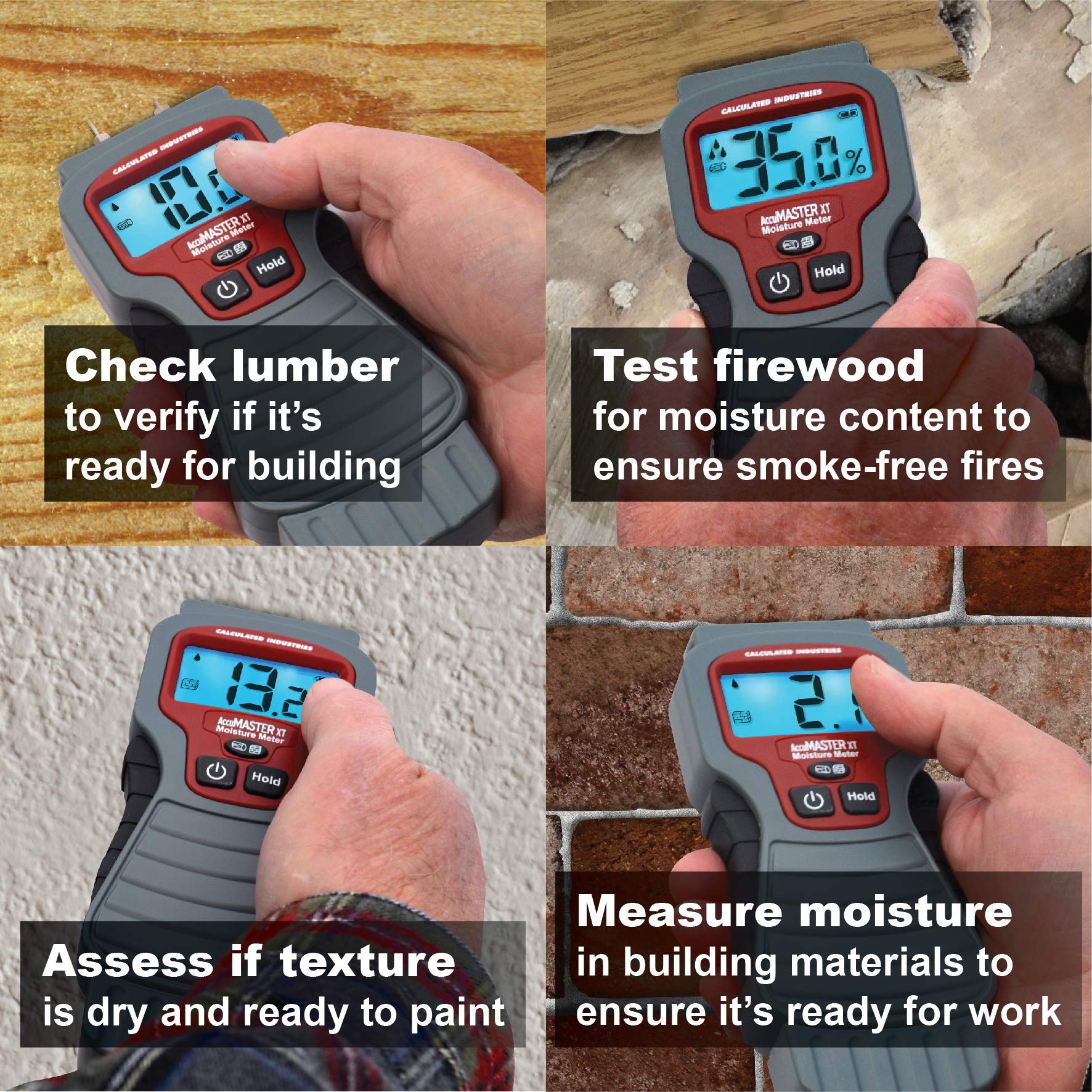 Calculated Industries 7440 AccuMASTER XT Digital Moisture Meter | Handheld |Pin Type | Backlit LCD Display | Detects Leaks, Damp and Moisture in Wood, Walls, Ceilings, Carpet and Firewood