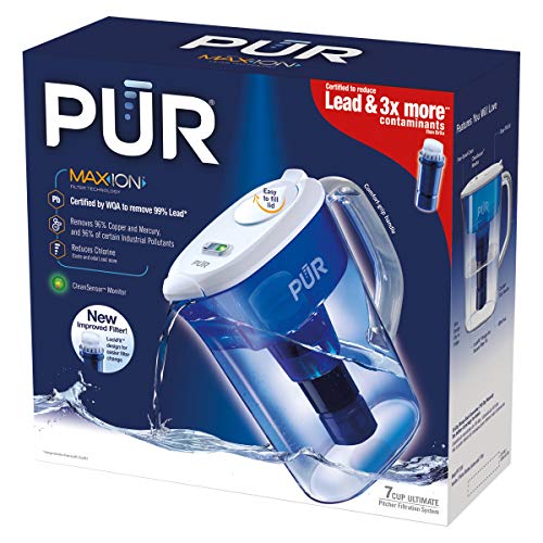 PUR Ultimate Filtration Water Filter Pitcher, 7 Cup, Clear/Blue