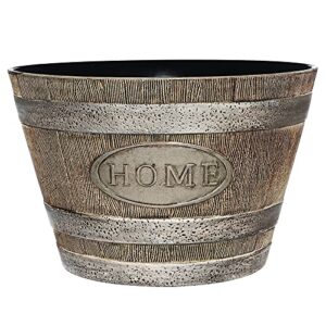 classic home and garden whiskey plastic resin home flower pot barrel planter, oak brown, 15"