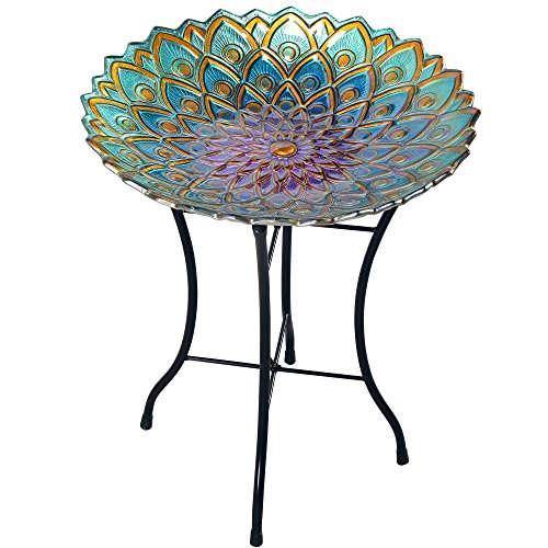 Teamson Home Handpainted Mosaic Flower Fusion Glass Pedestal Bird Bath for Outdoor Patio Garden Backyard Decking Décor, 21 inch Height, Blue and Purple