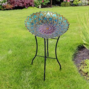 Teamson Home Handpainted Mosaic Flower Fusion Glass Pedestal Bird Bath for Outdoor Patio Garden Backyard Decking Décor, 21 inch Height, Blue and Purple