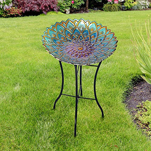 Teamson Home Handpainted Mosaic Flower Fusion Glass Pedestal Bird Bath for Outdoor Patio Garden Backyard Decking Décor, 21 inch Height, Blue and Purple