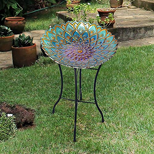 Teamson Home Handpainted Mosaic Flower Fusion Glass Pedestal Bird Bath for Outdoor Patio Garden Backyard Decking Décor, 21 inch Height, Blue and Purple