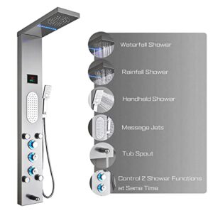 ello&allo led shower panel tower system, rainfall and mist head rain massage stainless steel shower fixtures with adjustable body jets, brushed nickel