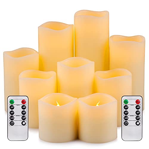 RY King Large Flameless Candle Set of 9 (D 3" x H 3", 3", 4", 4", 5", 5", 6", 7", 8") Battery Operated LED Pillar Real Wax Candles with Remote Control Timer