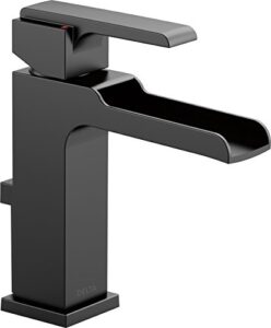 delta faucet ara matte black bathroom faucet, single hole bathroom faucet, waterfall faucet, metal drain assembly, matte black 568lf-blmpu