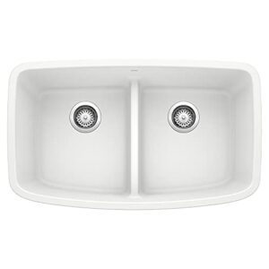 blanco, white 442199 valea silgranit 50/50 double bowl undermount kitchen sink with low divide, 32" x 19"