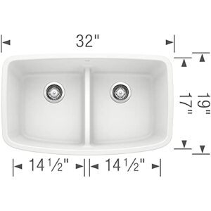 BLANCO, White 442199 VALEA SILGRANIT 50/50 Double Bowl Undermount Kitchen Sink with Low Divide, 32" X 19"