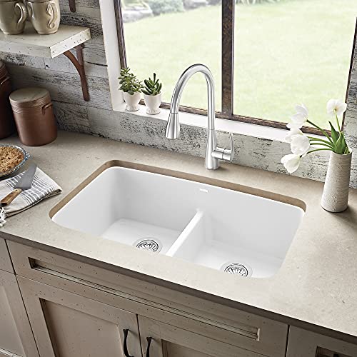 BLANCO, White 442199 VALEA SILGRANIT 50/50 Double Bowl Undermount Kitchen Sink with Low Divide, 32" X 19"