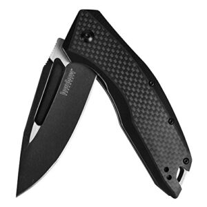 kershaw flourish pocketknife, 3.5" 8cr13mov steel drop point blade, assisted opening with flipper, carbon fiber handle overlay, folding edc,black