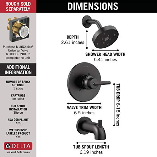 Delta Faucet Trinsic 14 Series Single-Function Tub and Shower Trim Kit with Single-Spray H2Okinetic Shower Head, Matte Black T14459-BL with (Valve Not Included)