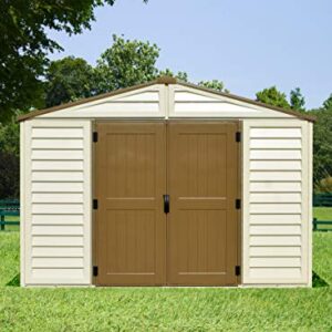 Duramax 0638801402145 Woodbridge Plus 10.5 x 8 Plastic Garden Shed with Foundation Kit & Fixed Window Brown-15 Years Warranty, 10x8, Brown & Ivory