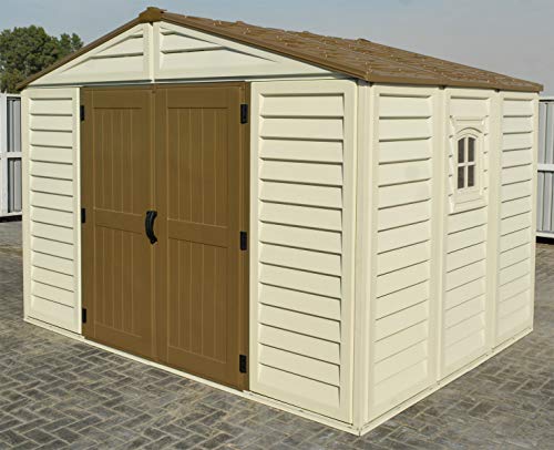 Duramax 0638801402145 Woodbridge Plus 10.5 x 8 Plastic Garden Shed with Foundation Kit & Fixed Window Brown-15 Years Warranty, 10x8, Brown & Ivory
