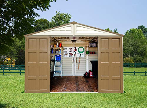 Duramax 0638801402145 Woodbridge Plus 10.5 x 8 Plastic Garden Shed with Foundation Kit & Fixed Window Brown-15 Years Warranty, 10x8, Brown & Ivory