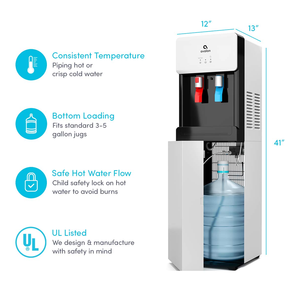 Avalon Bottom Loading Water Cooler Dispenser - Hot & Cold Water, Child Safety Lock, Innovative Slim Design, Holds 3 or 5 Gallon Bottles - UL Listed- White