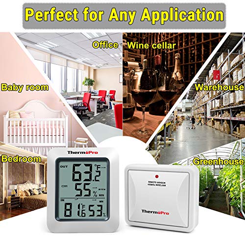 ThermoPro TP60 Digital Hygrometer Indoor Outdoor Thermometer Wireless Temperature and Humidity Gauge Monitor Room Thermometer with 200ft/60m Range Humidity Meter