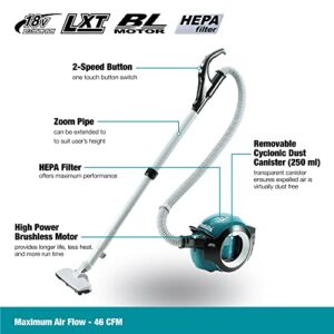 Makita DCL501Z 18V LXT Lithium-Ion Brushless Cordless Cyclonic Canister HEPA Filter Vacuum, Tool Only