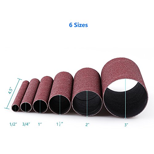 LotFancy Spindle Sander Sleeves, 24PCS 60 Grit Sanding Sleeves, Aluminum Oxide Abrasive, 4-1/2” Length, 4 Each of 1/2”,3/4”,1”,1-1/2”, 2” and 3”