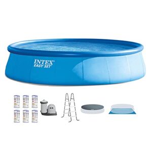 intex easy set 18 foot by 48 inch round inflatable above ground swimming pool with filter pump, ladder, pool cover, and 6 pack filter cartridges, blue