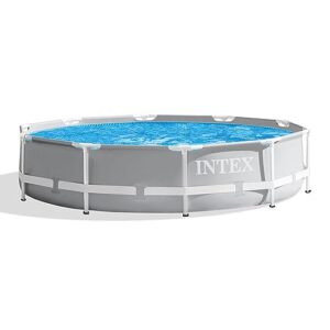 intex 10 feet round prism metal frame above ground outdoor backyard swimming family pool for kids and adults ages 6 and up, gray