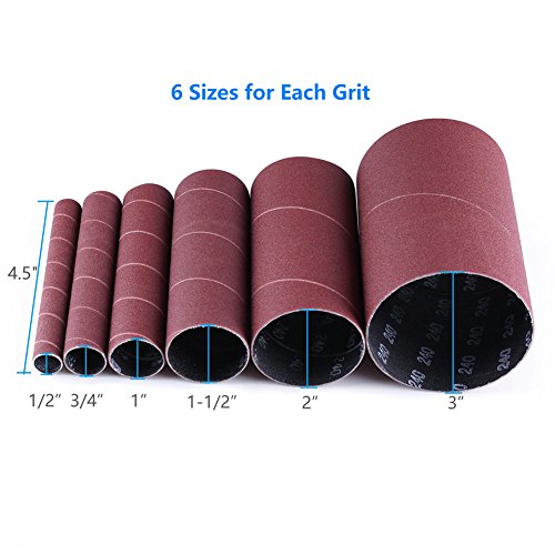 LotFancy Spindle Sander Sleeves, 24PCS Sanding Sleeves for Oscillating Sander, 60 80 120 240 Assorted Grit Sandpaper, 4-1/2” Length, 1/2”, 3/4”, 1”, 1-1/2”, 2”, 3” Diameter