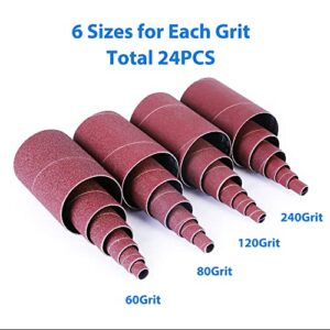 LotFancy Spindle Sander Sleeves, 24PCS Sanding Sleeves for Oscillating Sander, 60 80 120 240 Assorted Grit Sandpaper, 4-1/2” Length, 1/2”, 3/4”, 1”, 1-1/2”, 2”, 3” Diameter